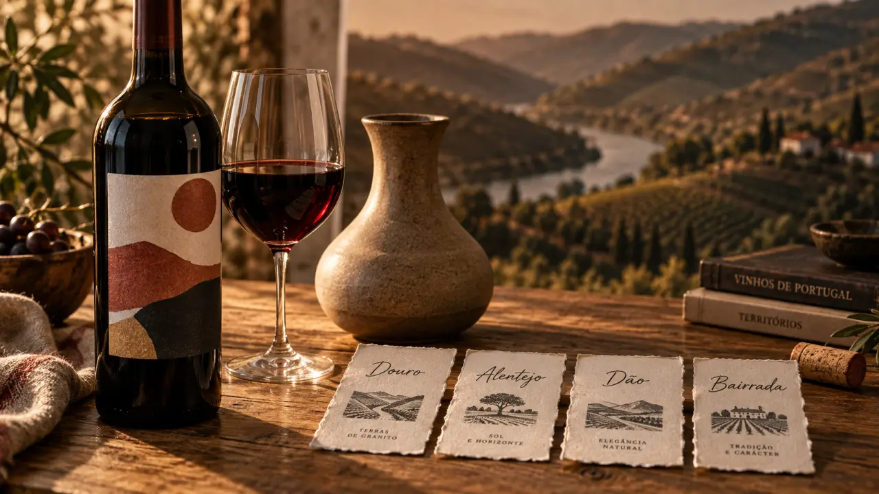 Vin portugais rouge : Douro, Alentejo, Dão, Bairrada, verre et bouteille sur table