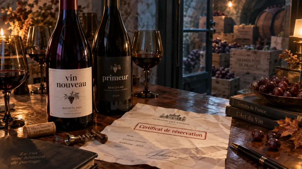 Vin primeur : certificat de réservation sur table, cave en arrière-plan