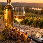 Vin Sainte-Croix-du-Mont prix : verre et bouteille de liquoreux doré