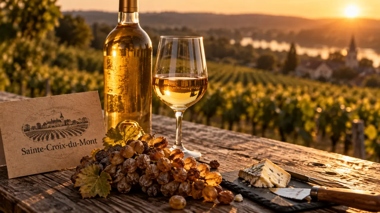 Vin Sainte-Croix-du-Mont prix : verre et bouteille de liquoreux doré
