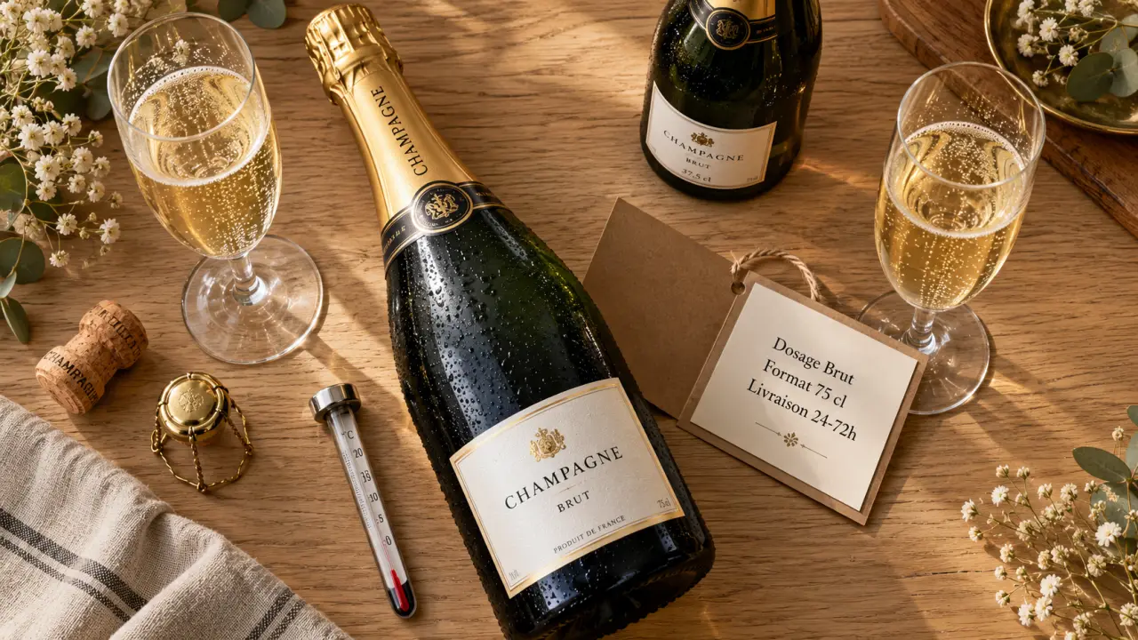 Bouteille de champagne brut 75 cl sur table avec verres à champagne