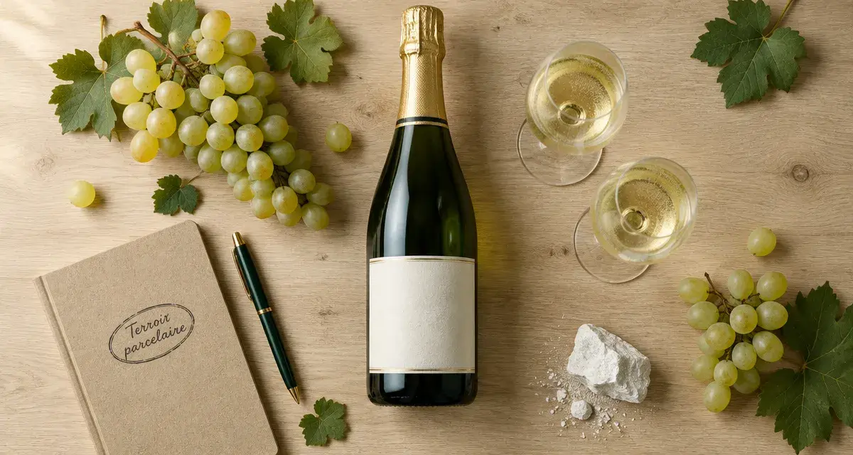 Champagne Colin et terroir parcellaire : bouteille, craie et raisin Chardonnay