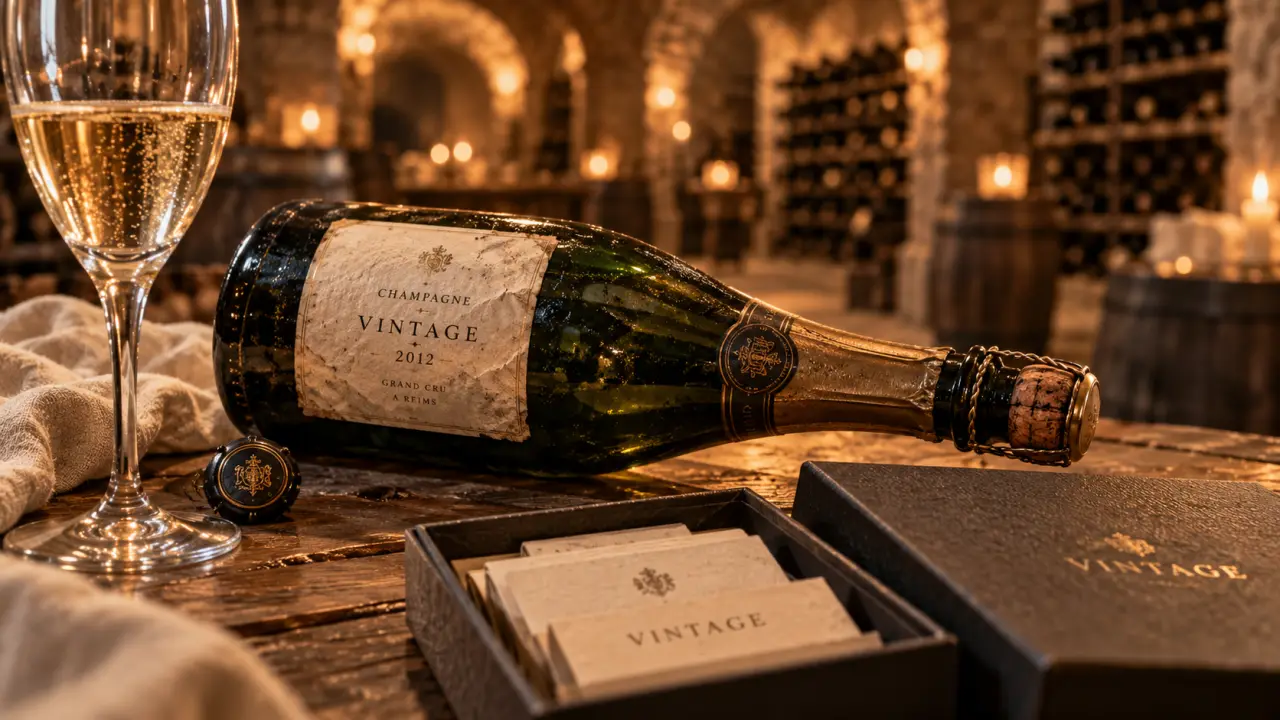 Champagne dom perignon vintage : bouteille en cave voûtée, reflets dorés