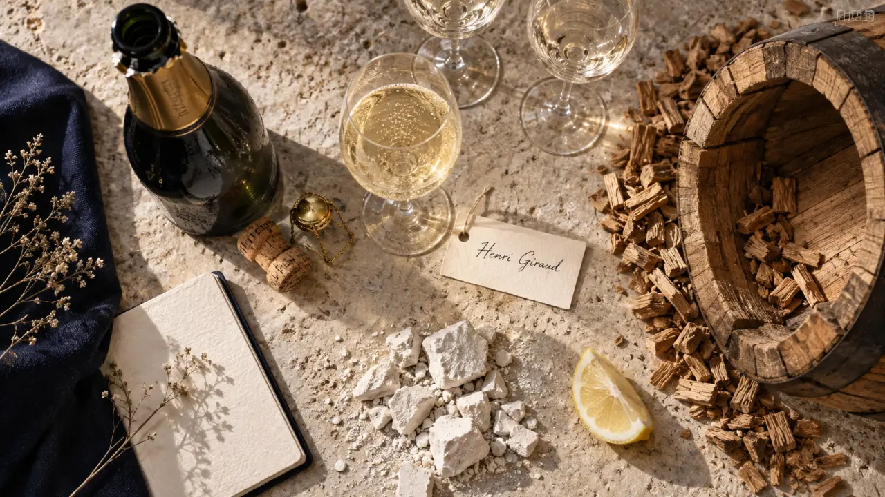 Champagne Henri Giraud : dégustation et fût d’Argonne, verre et craie sur table