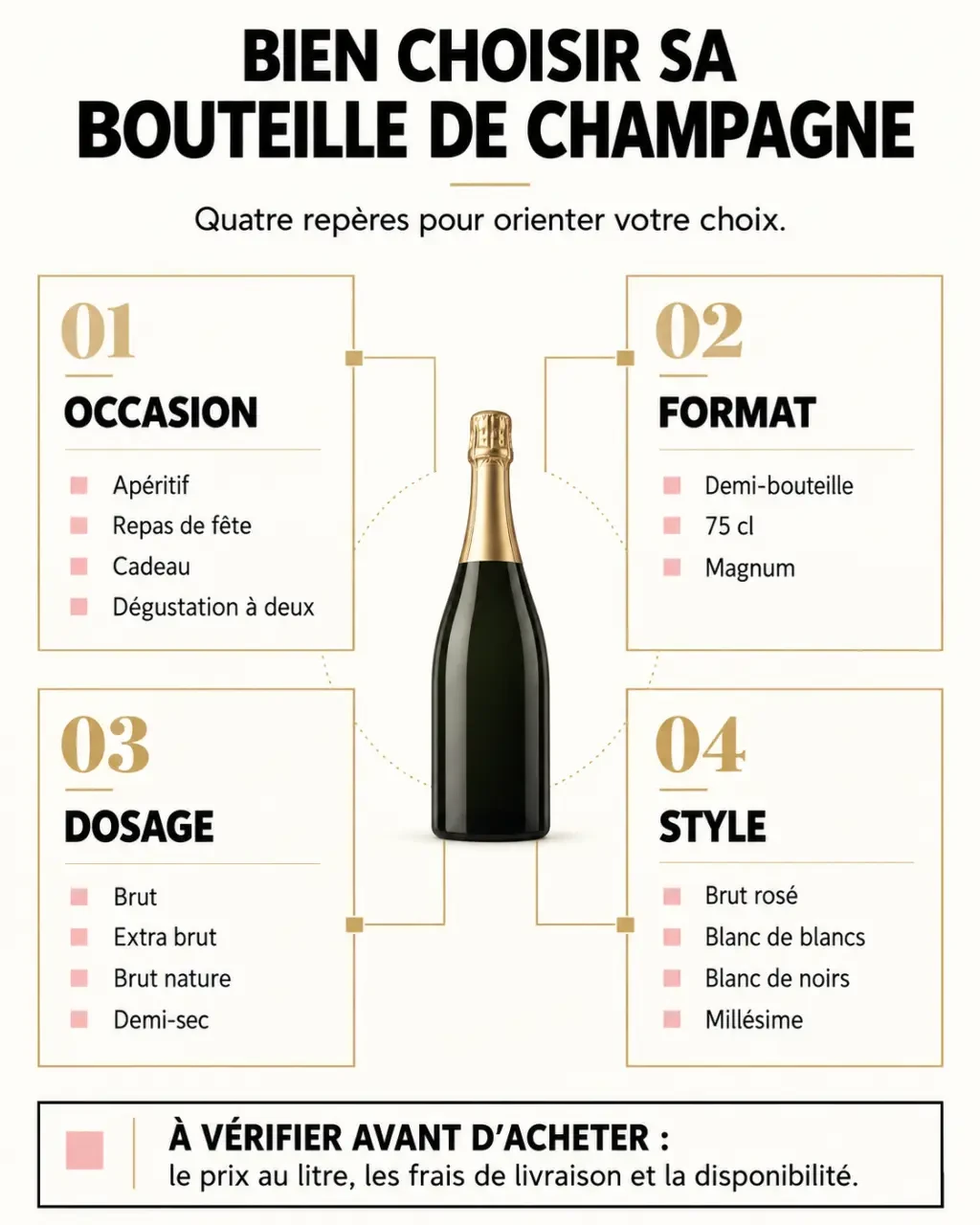 Infographie pour choisir une bouteille de champagne selon l’occasion, le format, le dosage et le style