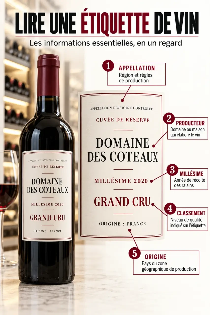 Étiquette de grand cru vin avec les repères à vérifier avant l’achat