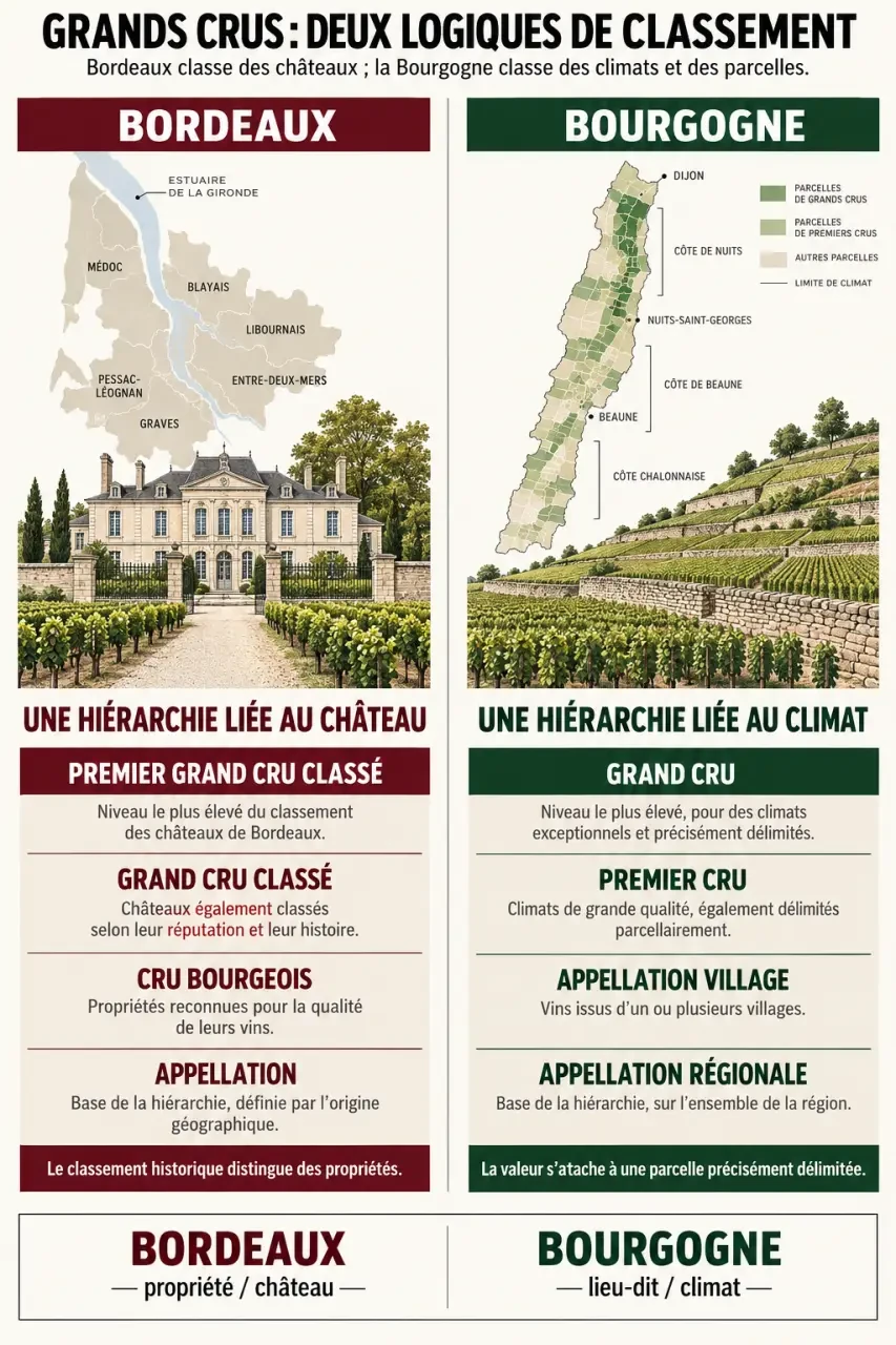 Grand cru vin : comparaison visuelle des classifications de Bordeaux et de Bourgogne