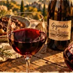 Gigondas vin rouge : verre sombre et bouteille, table en bois