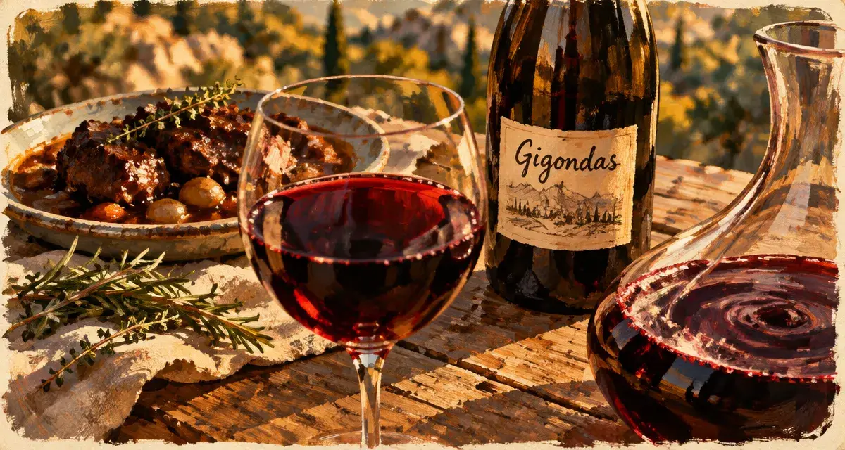 Gigondas vin rouge : verre sombre et bouteille, table en bois