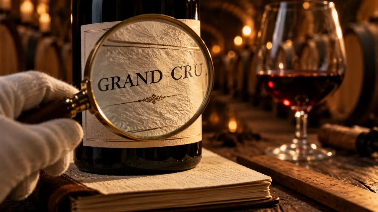 Grand cru vin : étiquette et région sur bouteille
