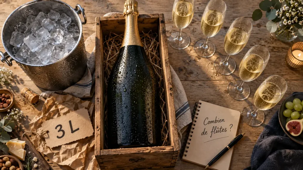 Jéroboam de champagne : 3 litres pour 25 à 30 flûtes, avec un service à anticiper