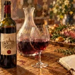 Saint emilion vin rouge : bouteille ouverte et verres, table en chêne