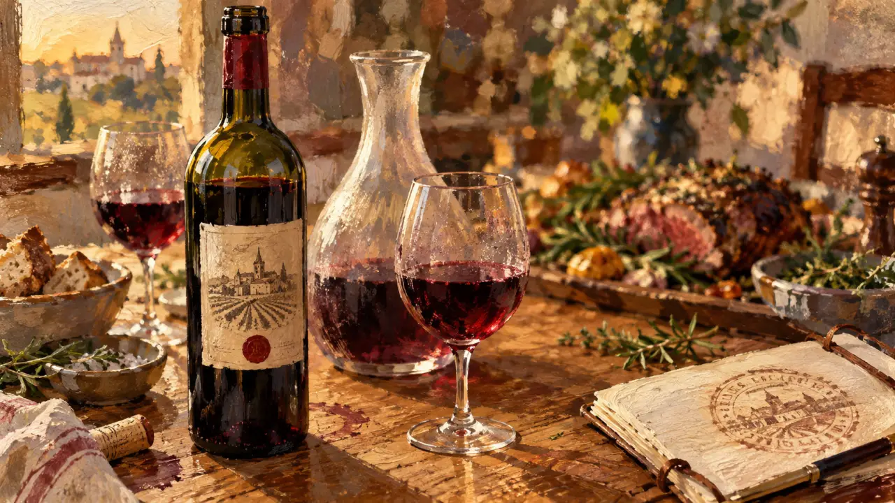 Saint emilion vin rouge : bouteille ouverte et verres, table en chêne