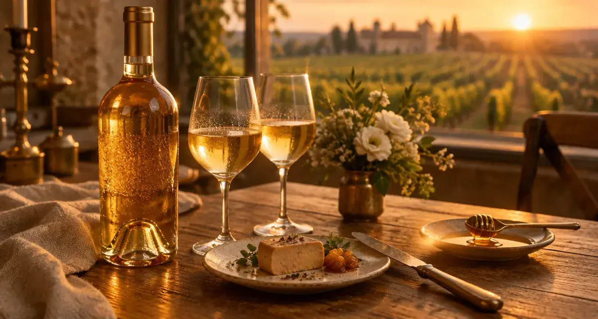 Sauterne vin blanc en verres dorés, température 8 à 13 °C