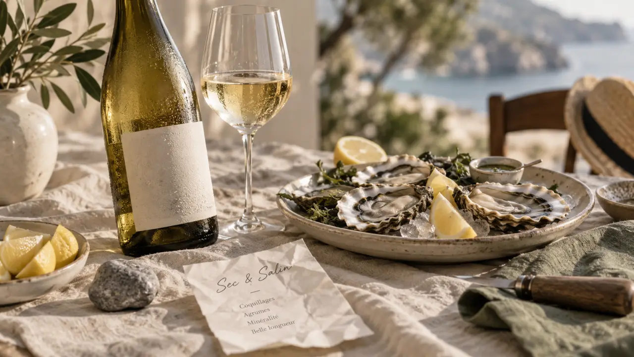 Vin sec blanc avec huîtres, citron et verre tulipe