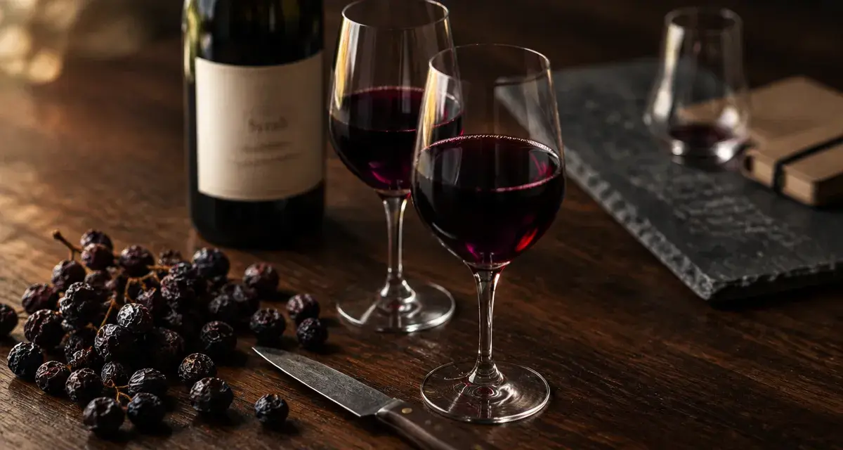 Vin syrah rouge, verres tulipe et raisins noirs sur table